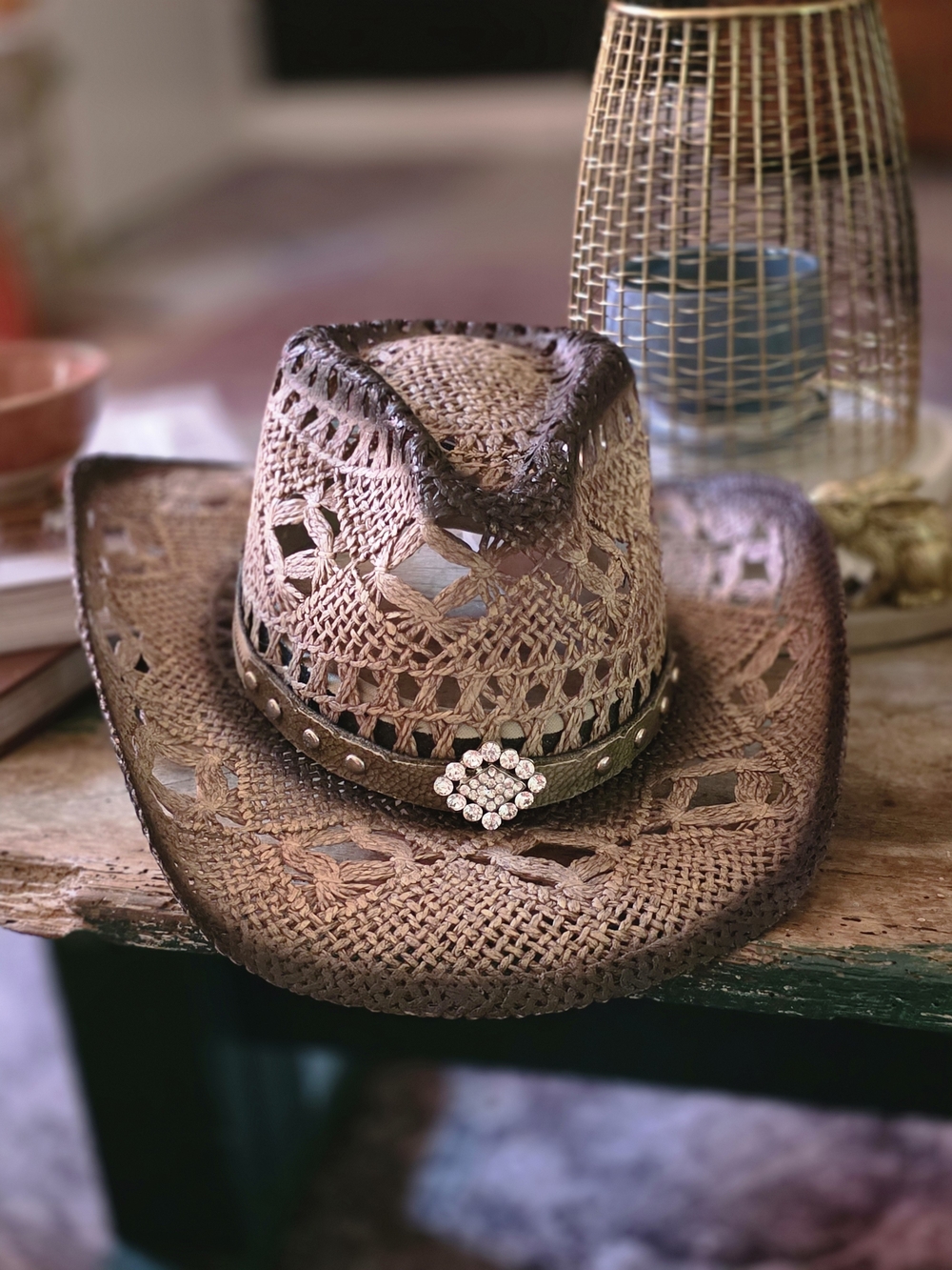 Women’s Straw Cowboy Hat with Rhinestone Accent - Brown